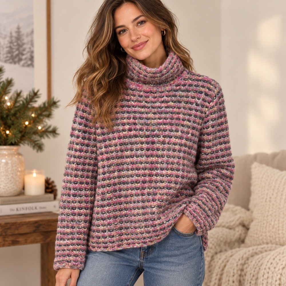 Womens XS Pink Purple Space Dye Chunky Knit Turtleneck Sweater Cozycore Granny